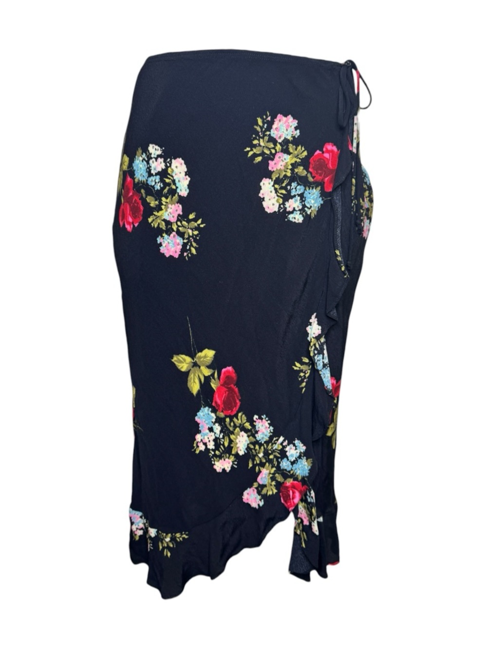 Y2K Amorose Petite Black Floral Ruffle Wrap Midi Skirt Size Extra Small - Picture 2 of 5